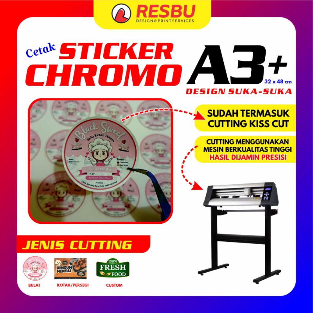 

Cetak Sticker Label / Sticker Chromo Cutting Kiss Cut / Die Cut TERMURAH