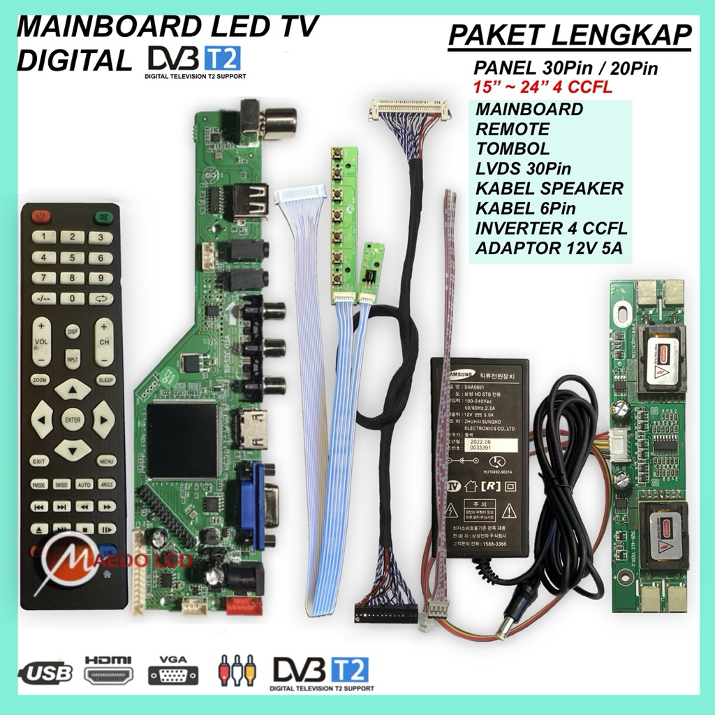 Mainboard LCD TV Digital DVBT2 Panel 15" - 24" Backlight 4 lampu CCFL