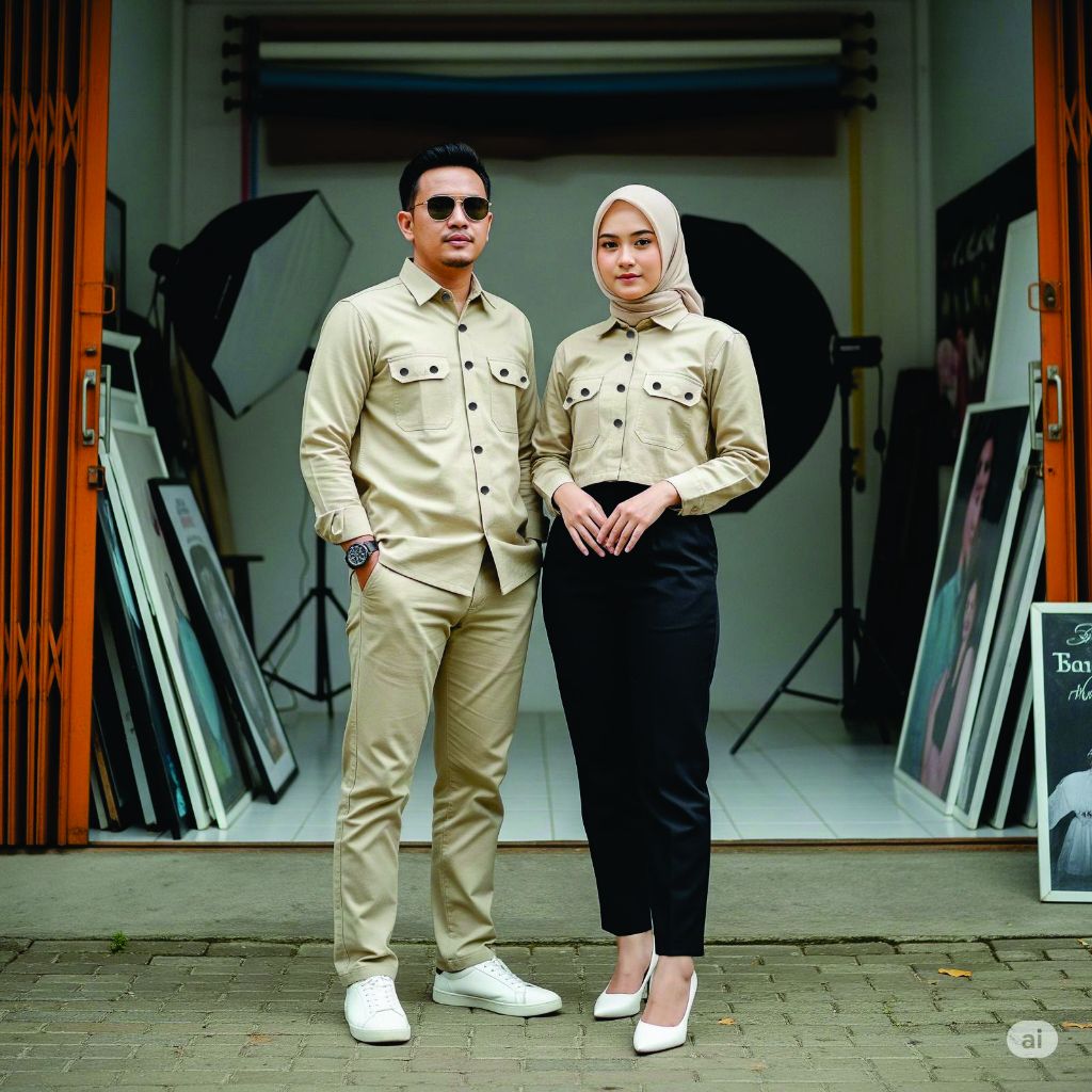 Baju Kemeja Couple Pria Wanita Korea Style - Kemeja dan Crop Set