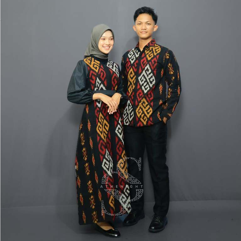 Baju Couple Series Prameswari Warna Hitam Mix Dress X Kemeja Tenun Etnik Gamis Wanita Pasangan Batik