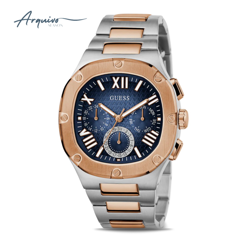 Jam Tangan Guess Pria Headline Chronograph Silver Rosegold Stainless Steel Mewah Sporty Original GW0