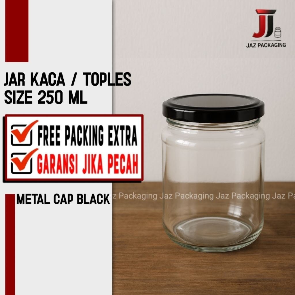 toples 250ml tutup alumunium hitam / jar kaca 250ml / toples bumbu 250ml / toples 250ml / toples kac