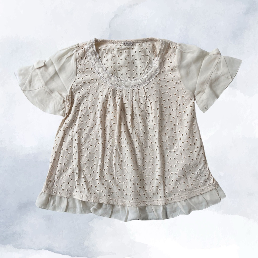 axes femme kawaii top embroidered blouse ˚⊹ ⋆♡ short sleeve with bow cream light beige atasan brukat