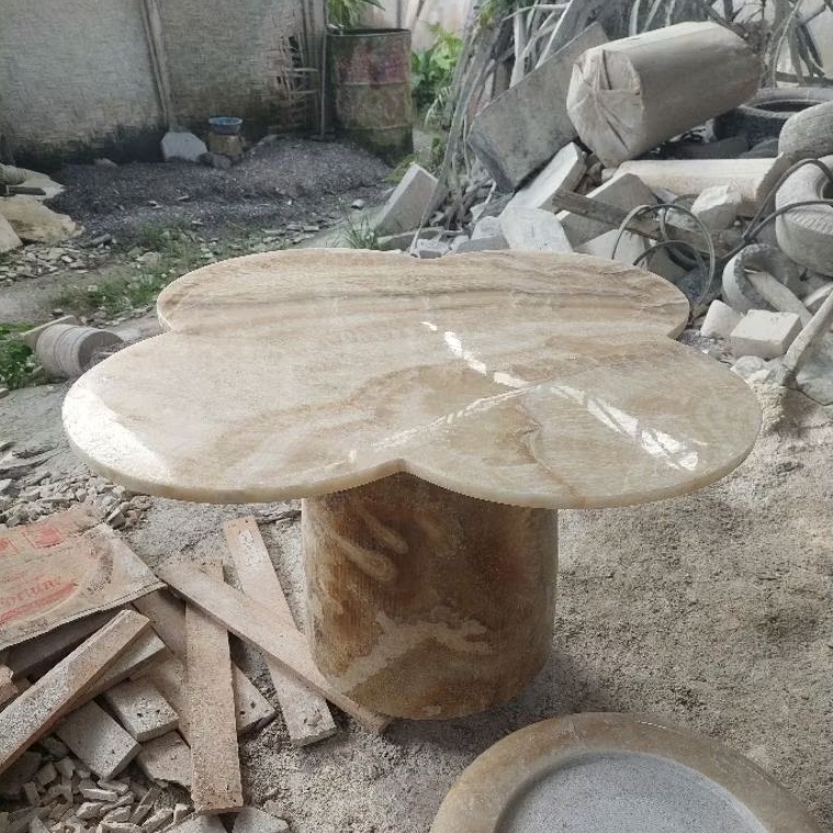 Coffee table meja teras daun semanggi full batu onix kaki bulat solid