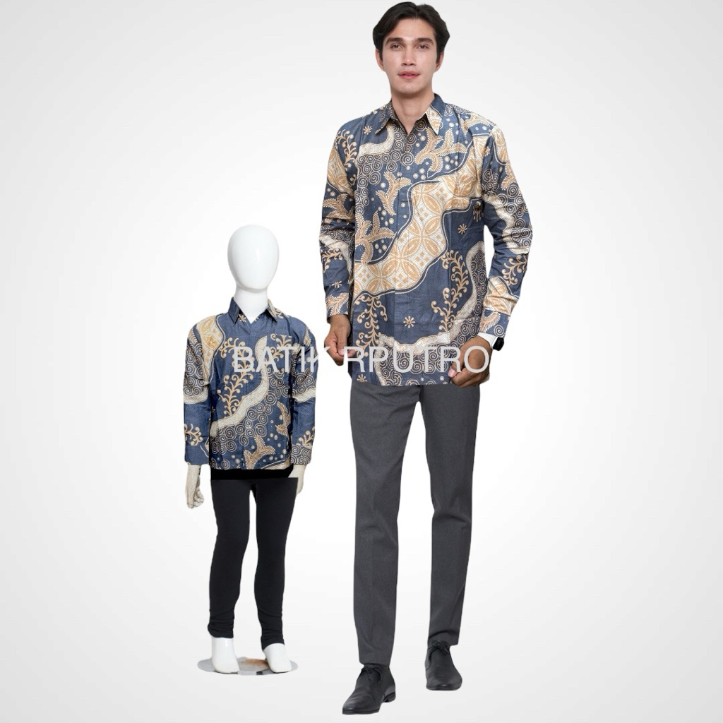 ABU ABU CREAM LERENG,Kemeja Batik Ayah Anak Lengan Panjang Pendek Lapisan Furing Warna abu abu cream