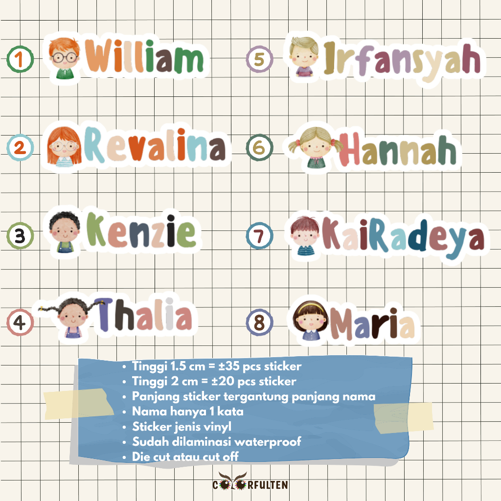 

Stiker nama vinyl custom waterproof anti air model character / label nama sekolah