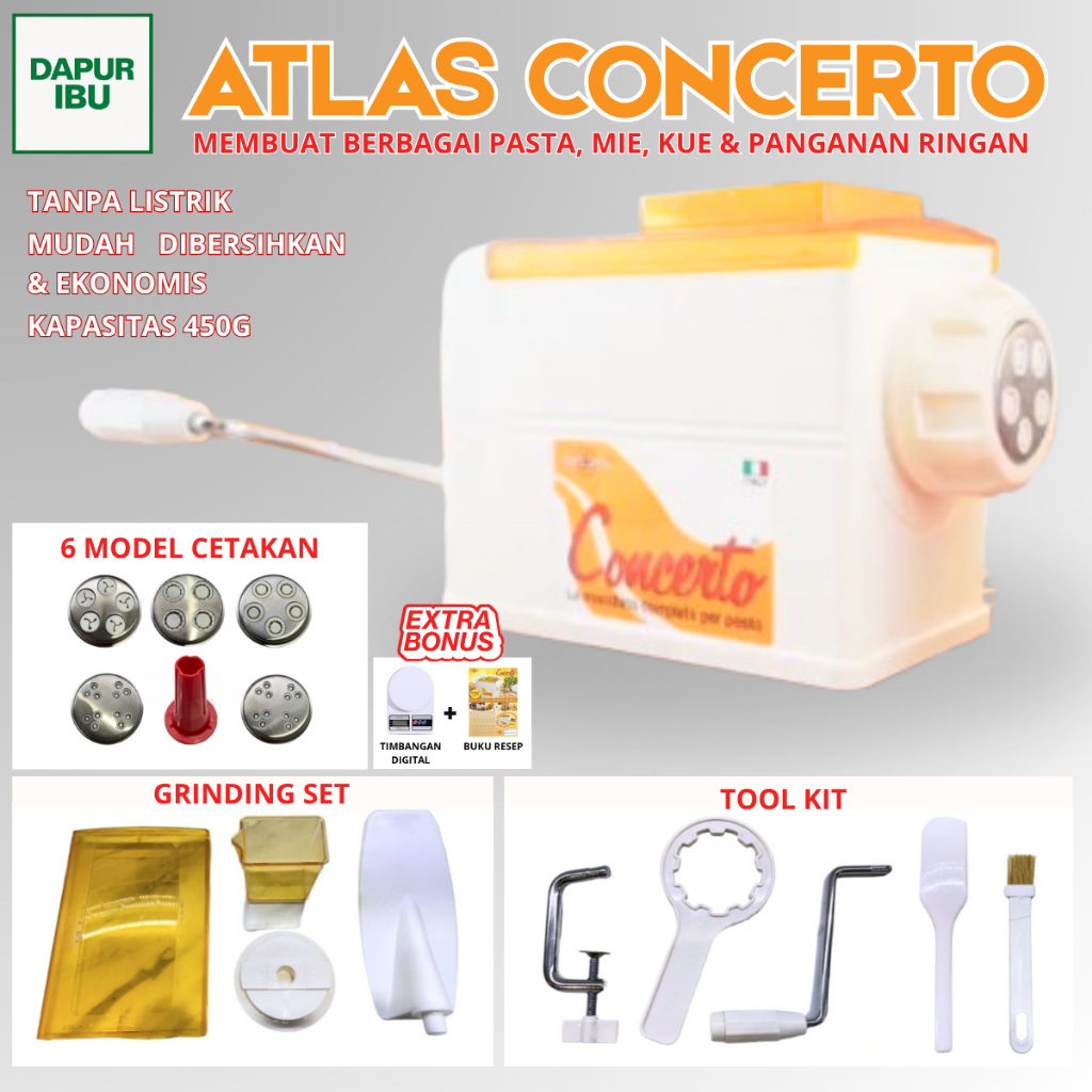 ATLAS CONCERTO PASTA MAKER, PENGADUK ADONAN, PEMBUAT MAKARONI, KUE, ROTI & PANGANAN RINGAN