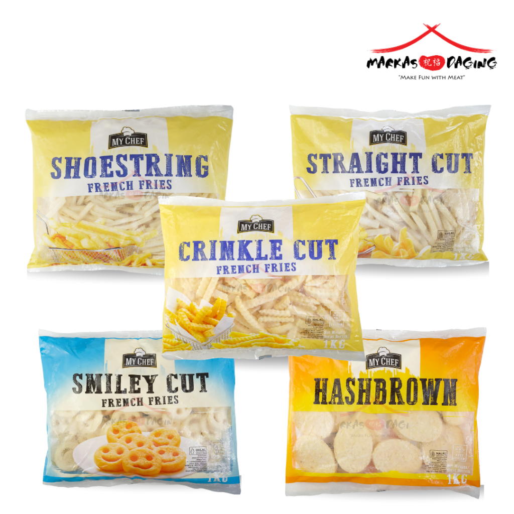

MY CHEF SHOESTRING | STRAIGHT CUT | CRINKLE CUT | SMILEY CUT 1kg | HASHBROWN | Kentang Goreng Frozen - Markasdaging