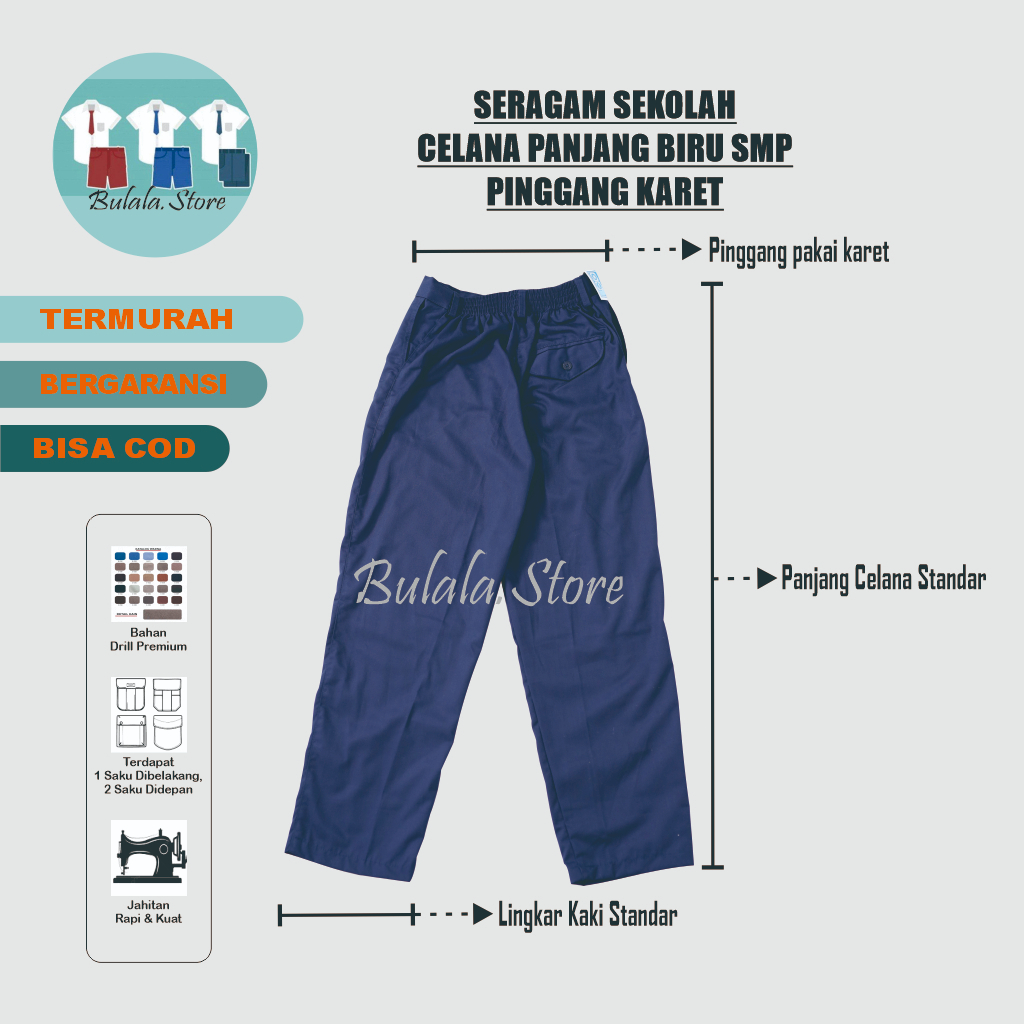 SERAGAM SEKOLAH CELANA PANJANG PINGGANG KARET BIRU SMP BAHAN NAGATA DRILL