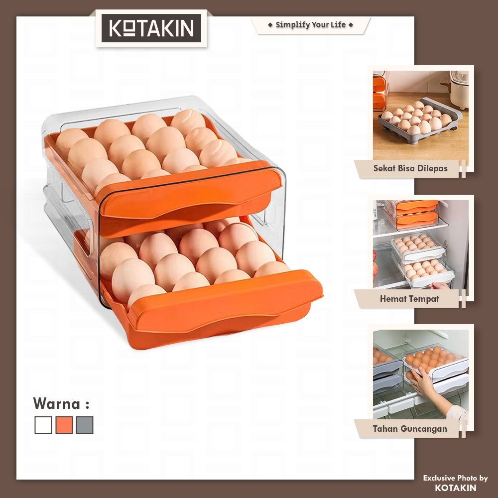 KOTAKIN Tempat Box Telur 2 Tingkat Laci Kotak Penyimpanan Telur Egg Storage Box Organizer