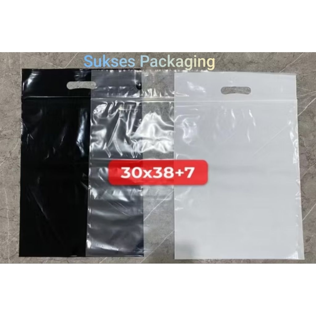 Plastik Baju Ziplock Klip Pond 30 x 38. Hitam, Putih Susu, Transparan.