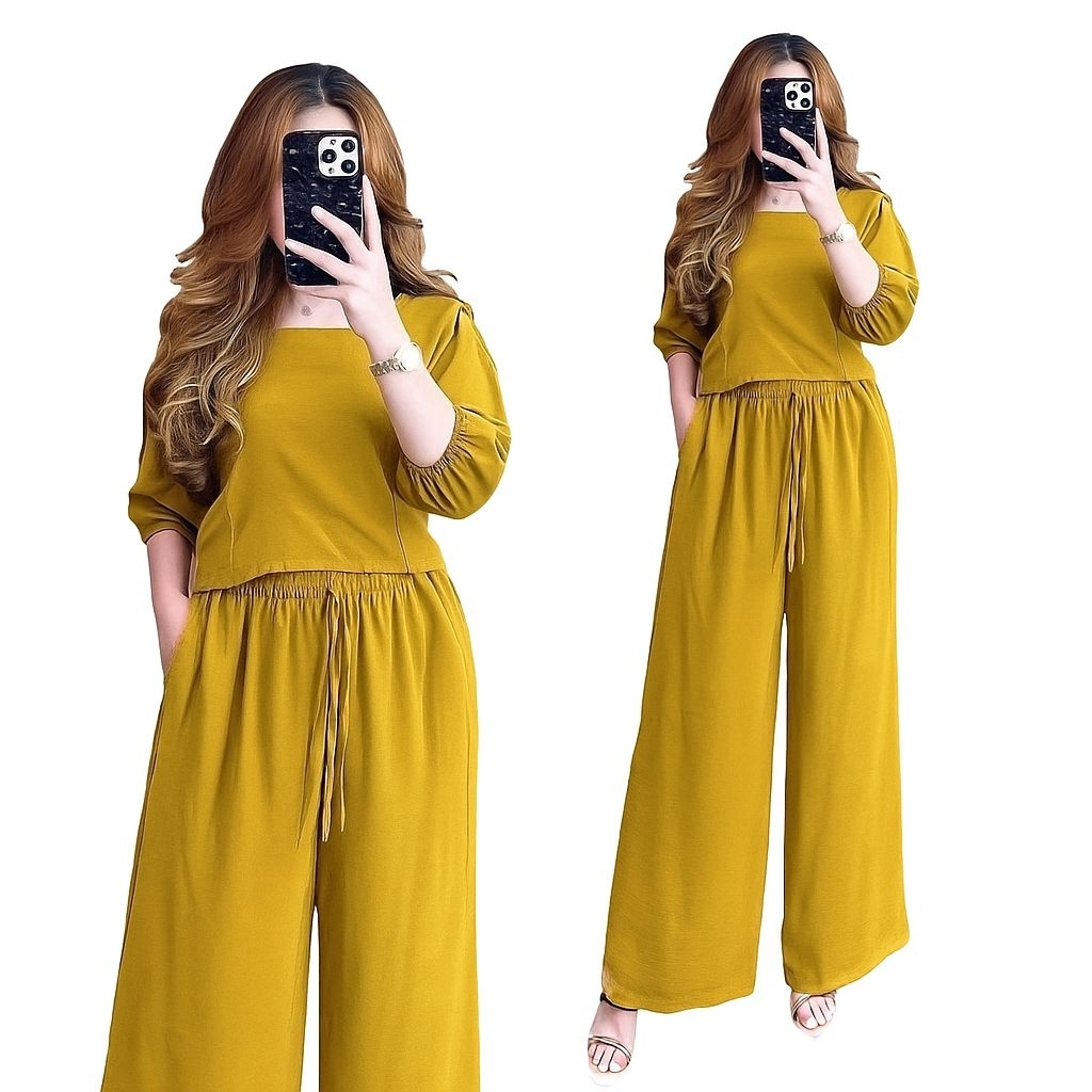 One Set Cringkel Wanita Jumbo Setelan Alica Set Crop Top Wanita Kekinian / Baju Setelan Cringkel Air