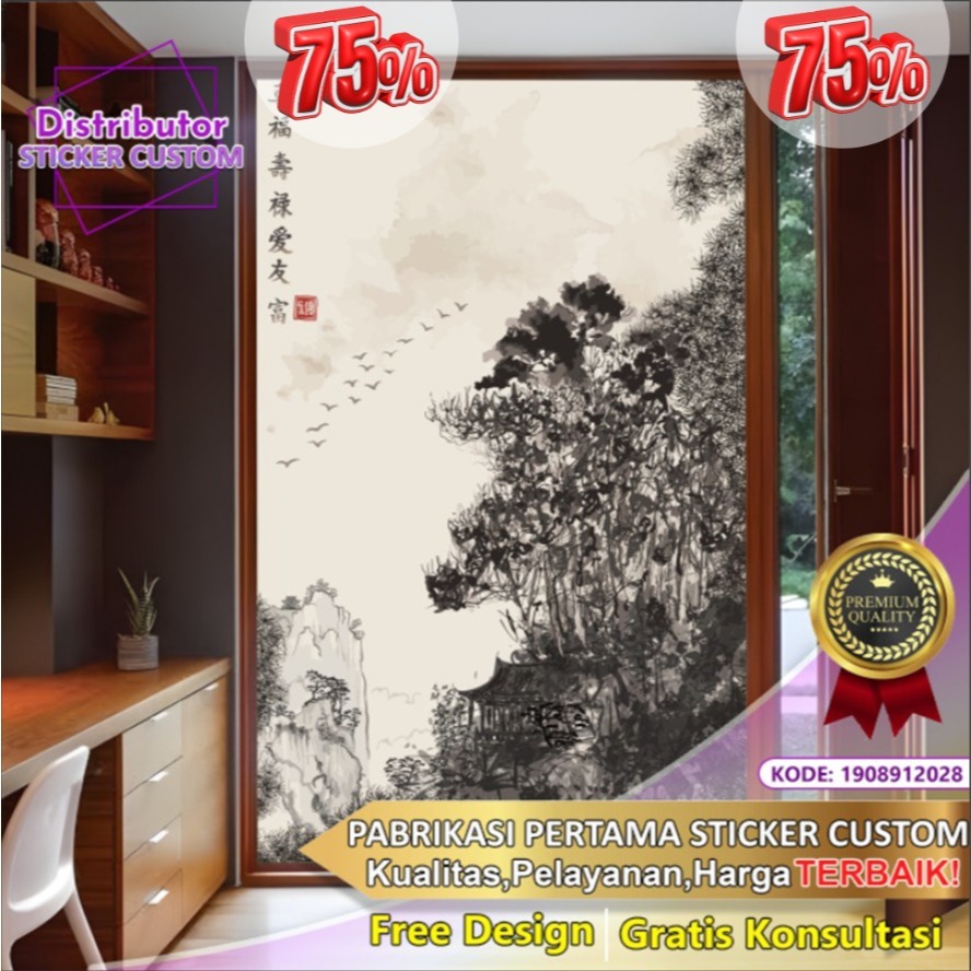 Sticker Custom 3D Tema Chinoiserie | Stiker Kaca Kantor | Stiker Kaca | Sticker Kaca Pintu | Sticker