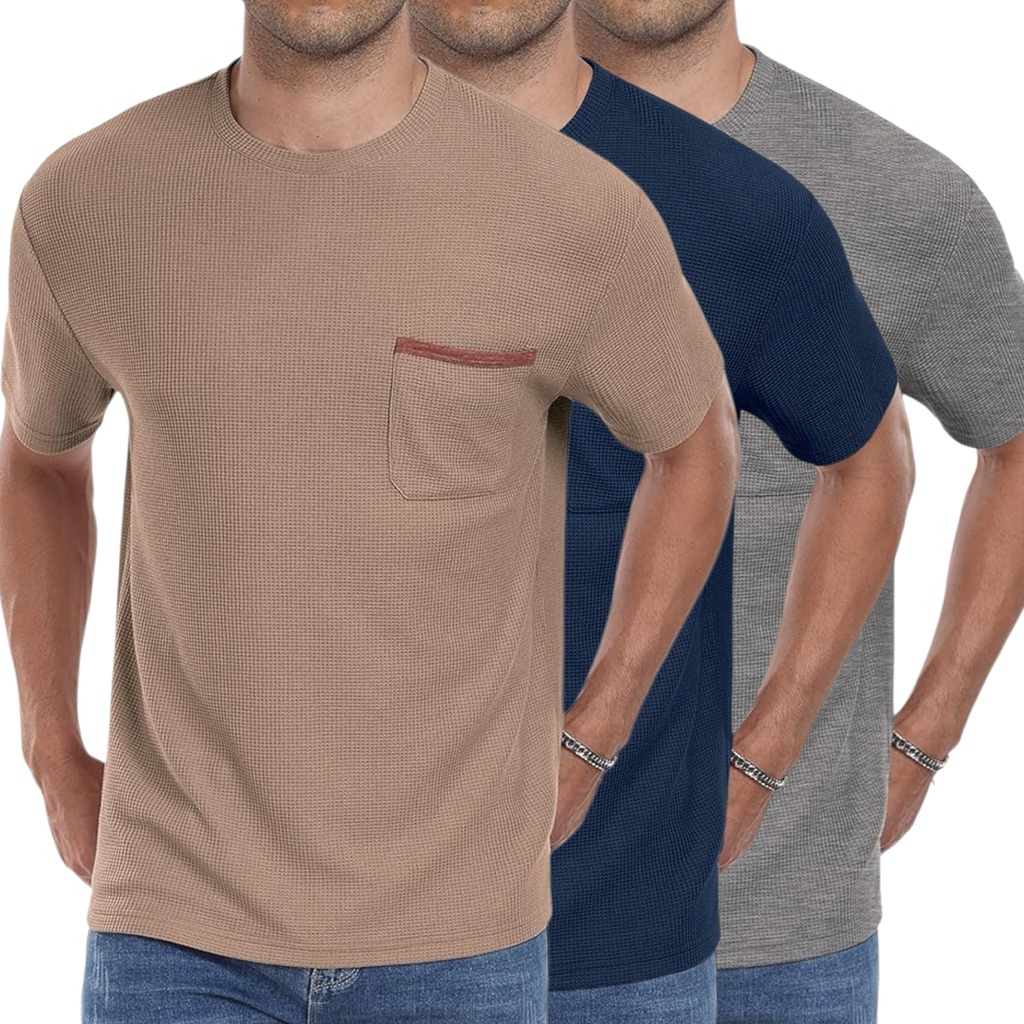 Paket 3 Pcs Kaos Waffle | Kaos Oblong Kantong | Kaos Waffle Pria | Kaos Waffle Lengan Pendek | Kaos 