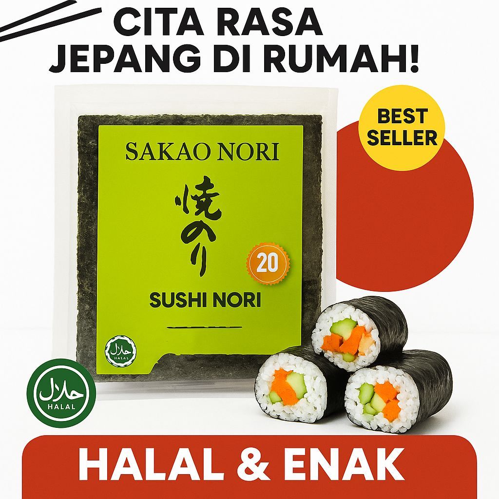 

SUSHI NORI - SAKAO NORI 20 SHEETS /LEMBAR JAPANESE ROASTED SUSHI NORI SEAWEED (RUMPUT LAUT PANGGANG) SAKAO, SUSHI NORI- ONIGIRI NORI - RAMEN NORI - BENTO NORI HALAL ISI 50 SHEETS/LEMBAR WARNA HIJAU KEMERAHAN PRAKTIS DAN HALAL
