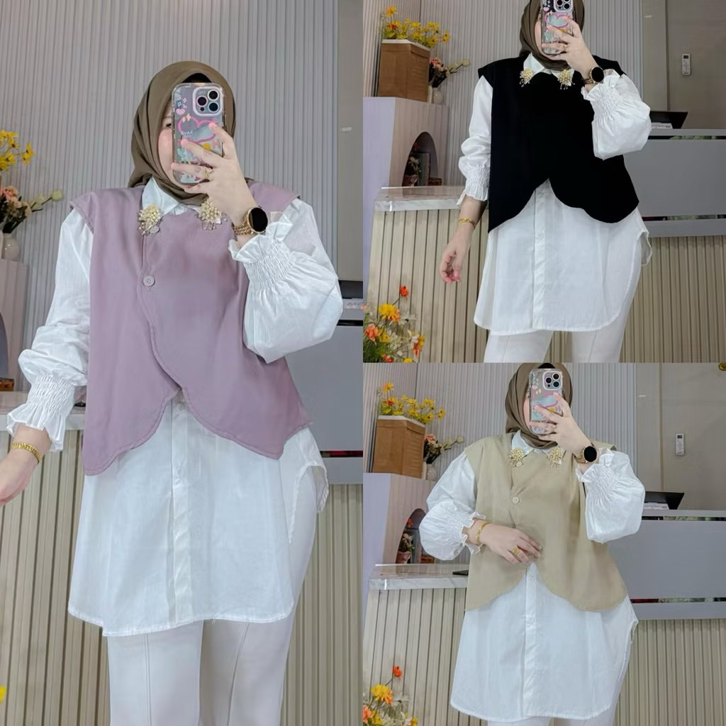 KEMEJA ATASAN VEST 2 in 1 OVERSIZE PREMIUM BAHAN KATUN PIPLIN JEPANG IMPORT
