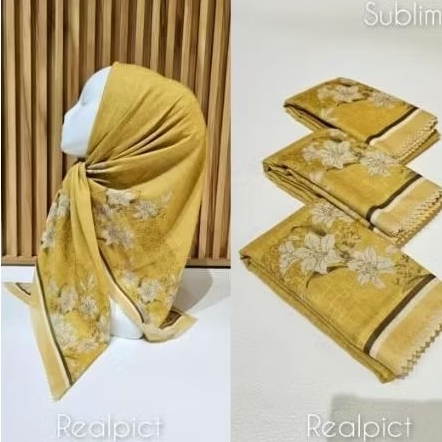 KERUDUNG SEGI EMPAT HIJAB MOTIF BUNGA KUNING CREAM