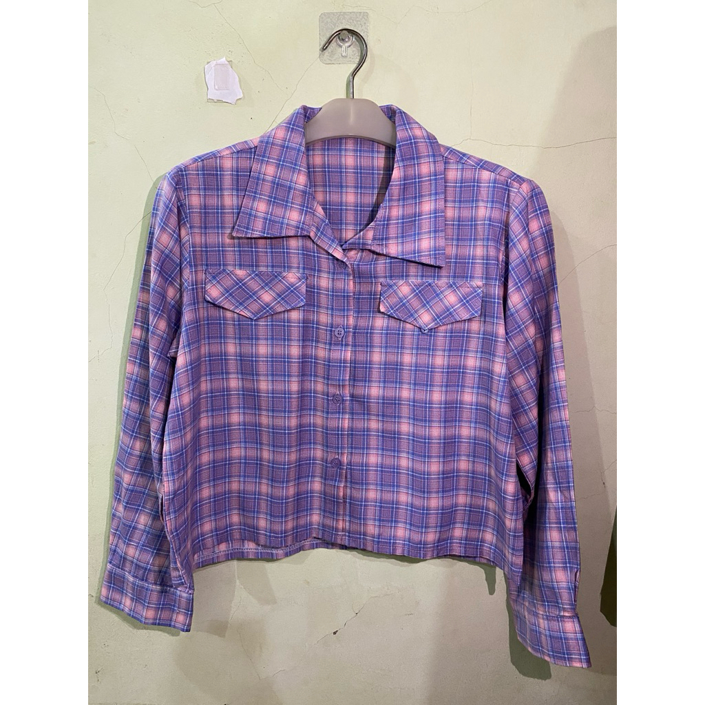 Kemeja wanita kotak kotak ungu pink