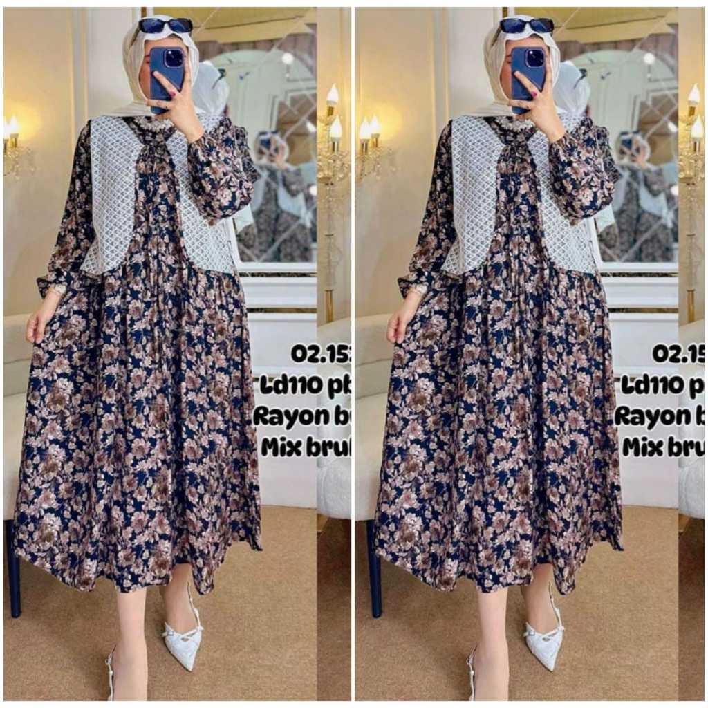 MIDI DRESS RAYON PREMIUM || MIDI DRESS BUSUI MOTIF BUNGA COKLAT || MIDI DRESS MOTIF BUNGA || MIDI DR
