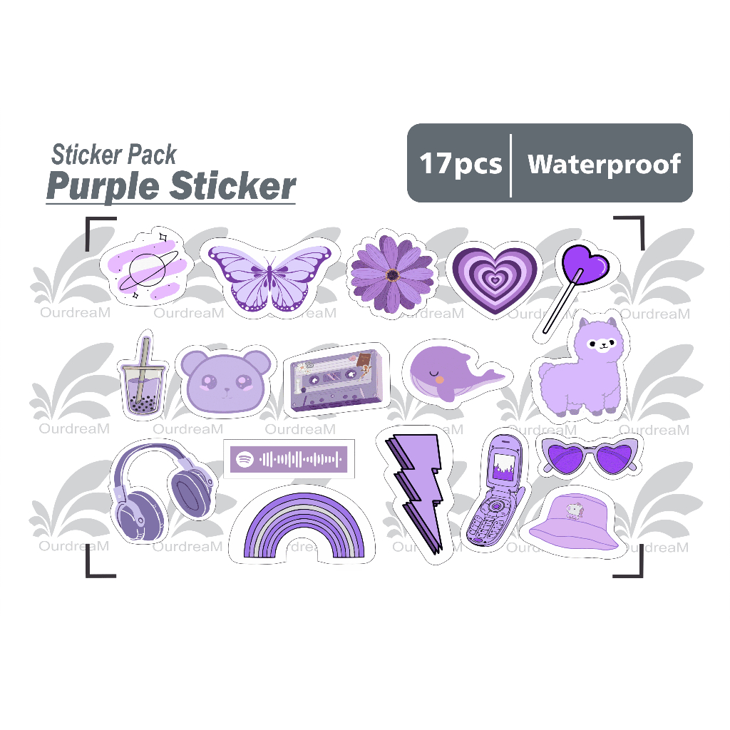 

stiker Purple cute - isi 17 pcs sticker pack tumbler helm waterproof medium size