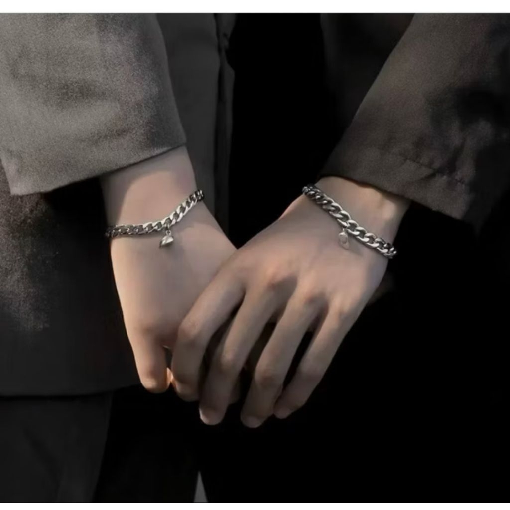 HOT SALE GELANG TITANIUM COUPLE DENGAN LOVE MAGNET RANTAI NK ROLLO DAN NURI