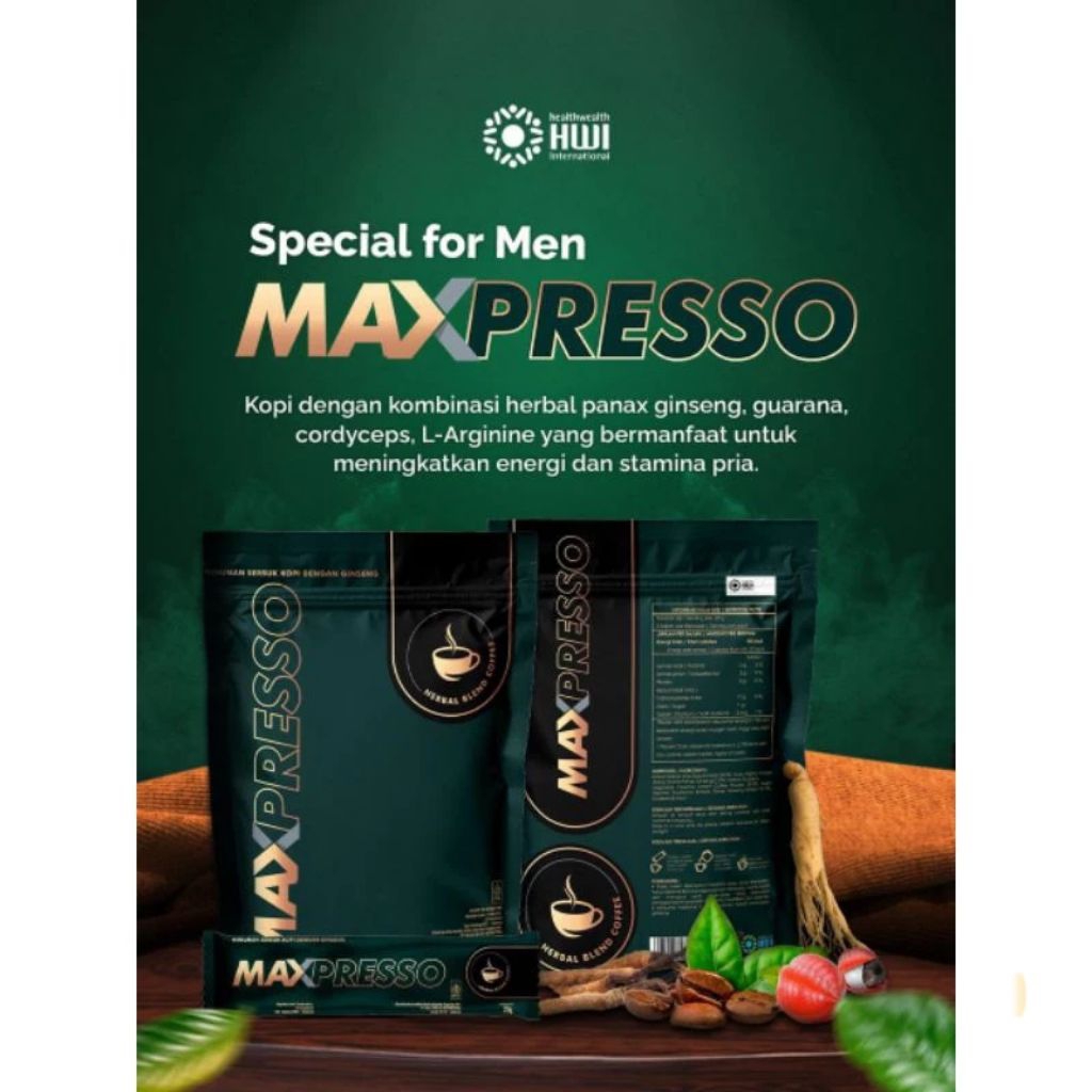 

Maxpresso Coffe Original HWI 100% BPOM HALAL Untuk Stamina 1 Pouch Isi 5 Sachet