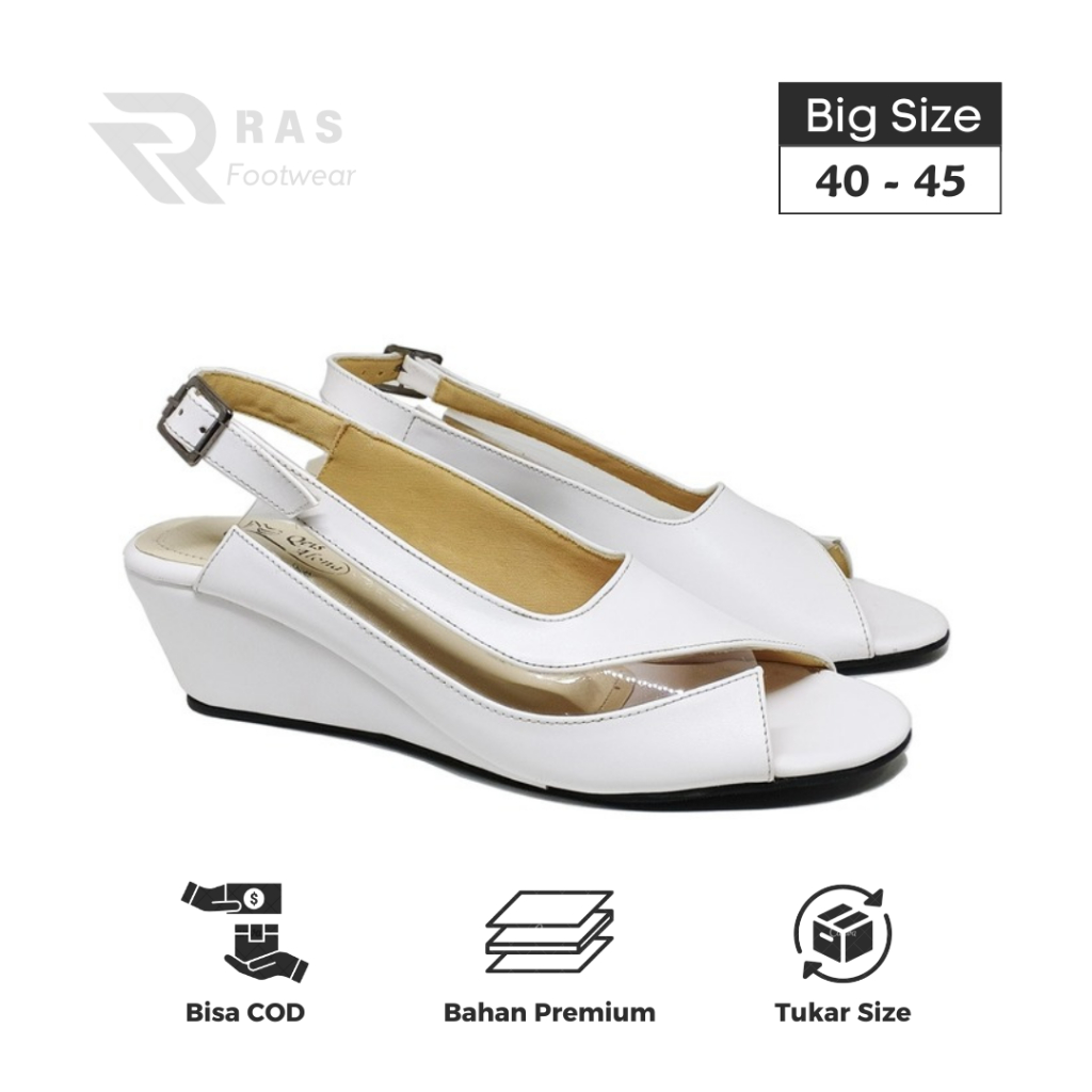 Sandal Wedges Wanita Putih Ukuran Jumbo 40 41 42 43 44 45 / Sendal Cewek Pesta Formal Kasual