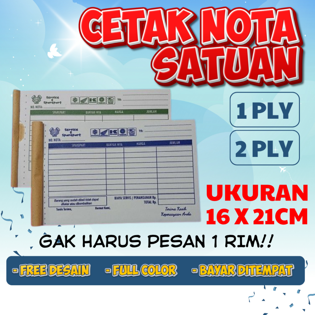 

Cetak nota Custom nama toko sendiri full color ukuran 16 x 21 Cm 1/2 polio 1 ply 2 ply