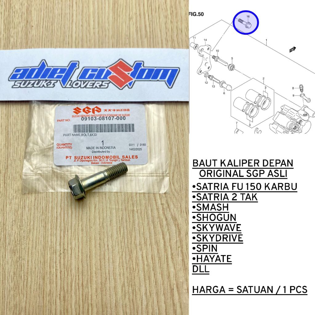 Baut Breket Dudukan Kaliper Kepala Babi Depan Suzuki Satria 2 Tak Hiu Lumba Smash Fu Shogun Spin Ara