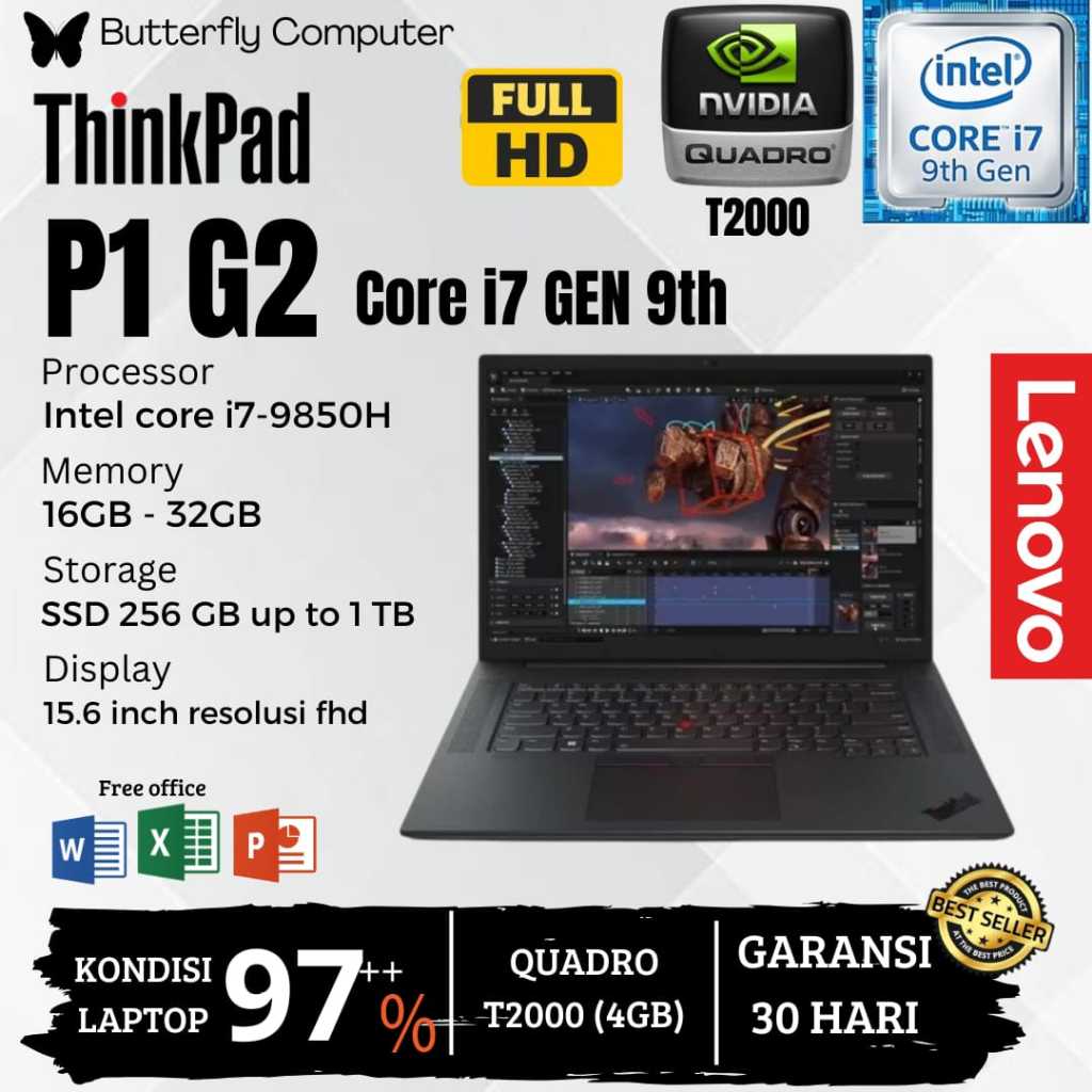Laptop Lenovo ThinkPad P1 G2 workstation core i7 gen 9 - 32GB - 1TB - QUADRO T2000 4GB - 16GB -SSD 2