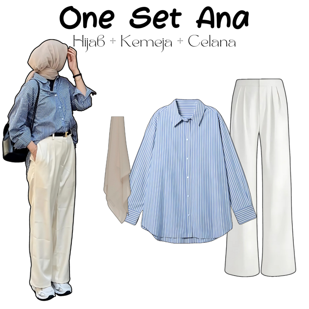 One Set 3in1 Kemeja Salur Sky Blue Celana Broken White Hijab Bella Soft Latte | outfit wanita SK183