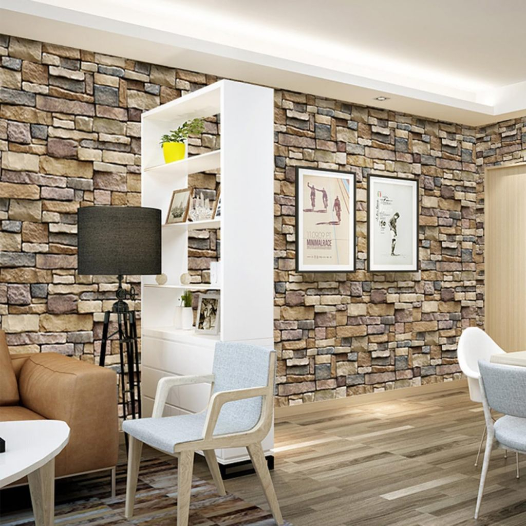 1 Roll Wallpaper Dinding Motif Batu Alam Coklat 3D Ukuran Panjang 8 Meter x Lebar 45Cm