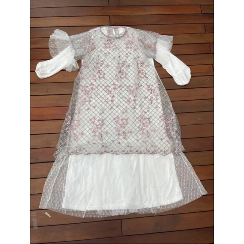 Rallein 2 in 1 layer gamis dress - baju lebaran - outer estetik - tille dot - tille embroidery - gam