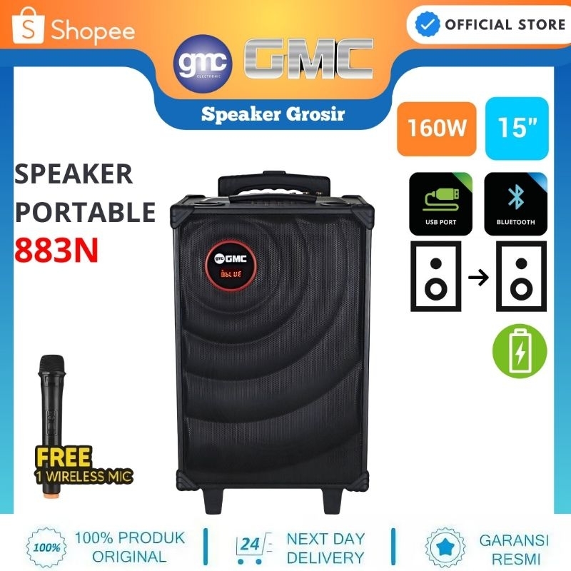 Speaker Gmc 883N Portable Speaker 15 inch Gratis 1 Mic Wirelles 883N BT