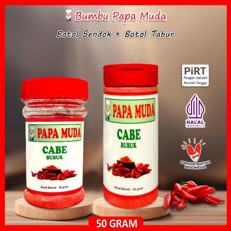 

Bumbu Papa Muda - Cabe Bubuk 50 gram - Kemasan Botol Sendok & Botol Tabur