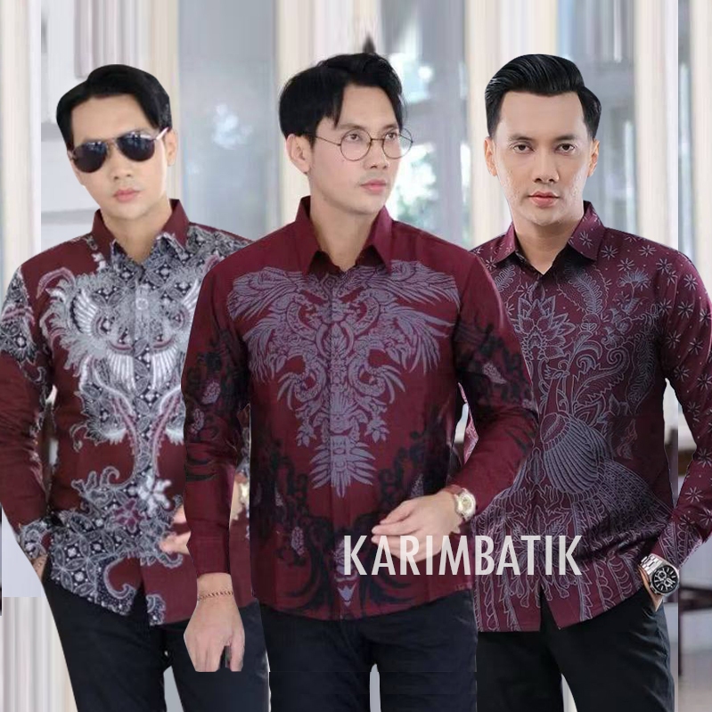 Kemeja Batik Pria lengan panjang terlaris terbaru Baju Batik Pria modern Batik Maroon Merah
