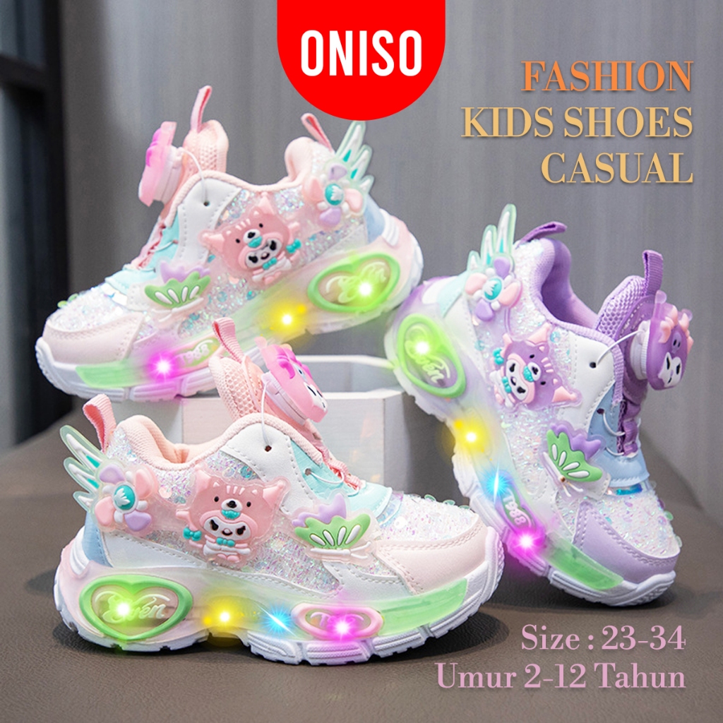 ONISO - Sepatu Anak Perempuan Cewek Fashion Velcro Warna Pink dan Ungu Kuromi Lampu Nyala LED Kode E