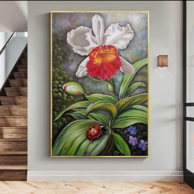 lukisan bunga anggrek oil on kanvas ukuran 60x90cm plus bingkai minimalis,lukisan asli buatan tangan