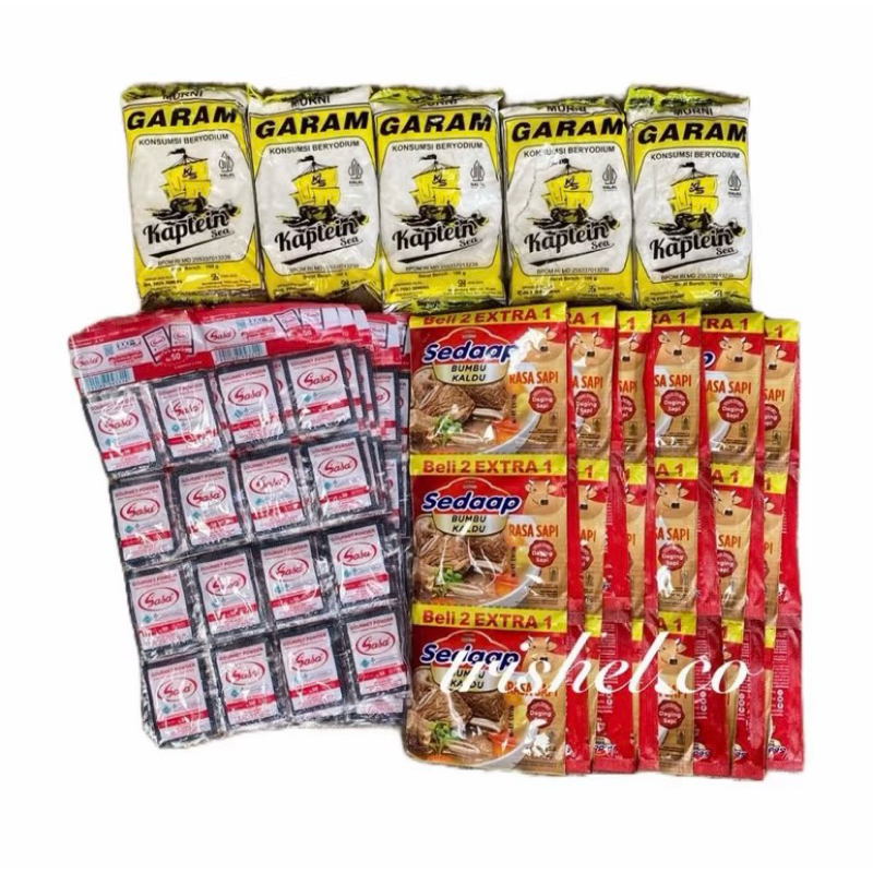 

PAKET PROMO!! [5pcs garam+12pcs sasa+36pcs sedap kaldu] promo paket hemat 5pcs garam 100gram+12pcs sasa micin+36pcs sedap kaldu sapi