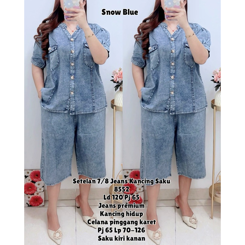 8552 SETELAN 7/8 JEANS KANCING SAKU SNOW BLUE WANITA|SETELAN LD120|ONE SET 7PER8