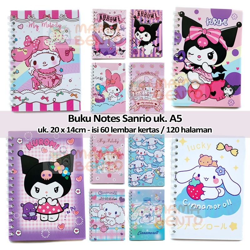 

Buku Diary Notes ukuran A5 Sanrio Kuromi Melody Cinnamoroll uk 20 x 14 cm isi 60 lembar kertas 120 Halaman dengan spiral besi warna bagus dan vibrant cocok untuk belajar menulis PAUD Preschool TK SD SMP ABG notebook tulis catatan kecil anak sekolah