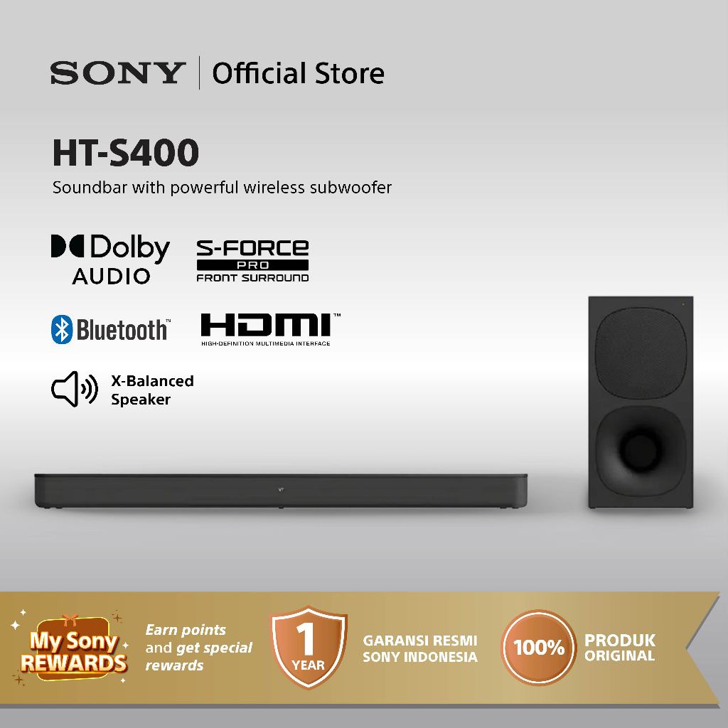 Sony Home Theater Hometheater HT-S400 Soundbar 2.1ch with Powerful Wireless Subwoofer - Black