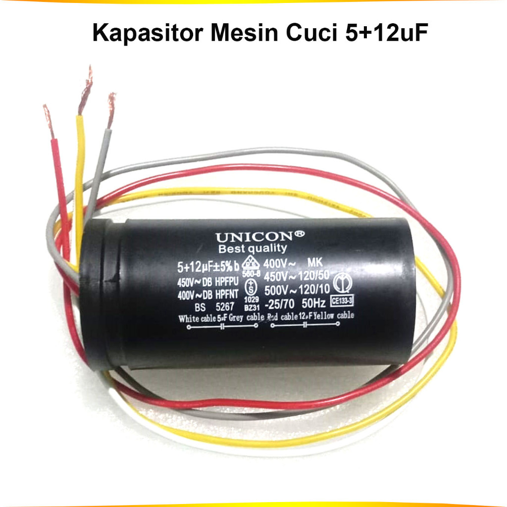 KAPASITOR MESIN CUCI 5+12UF   KAPASITOR MESIN CUCI 2 TABUNG 5UF+12UF