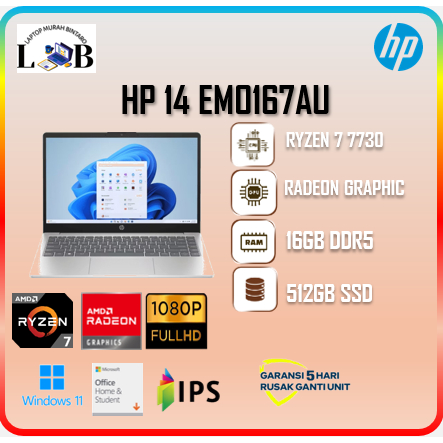HP Laptop HP14 EM0167AU Ryzen 7 7730 16GB 512SSD W11+OHS