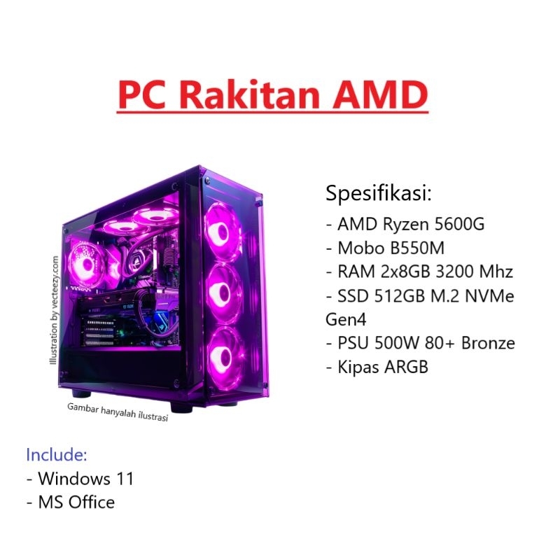 PC Rakitan AMD Ryzen 5 5600G, RAM 16GB, SSD 512 GB