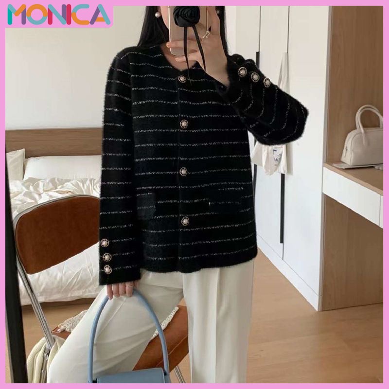 Monica Atasan Dan Jaket Modis Knitwear Wanita Setelan Wanita Kekinian Atasan Jaket Putih Hitam