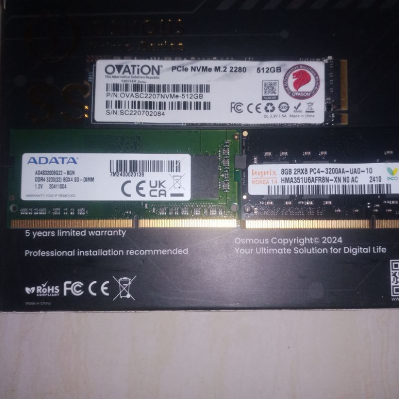 SSD Nvme Ovation 512Gb chipset Intel Gen 3x4, Sodim Adata 8Gb DDR4 3200Mhz, Sodim SKHynix 8Gb DDR4 3