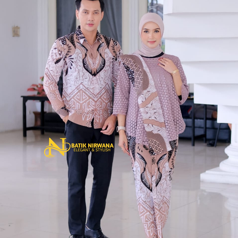 COUPLE Kemeja Batik dan Rok Wiru Wanita Modern Motif PIRAMID PUTIH couple kemeja dan rok wanita mode