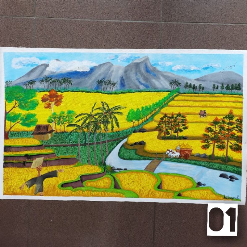 Lukisan Pemandangan Alam Sawah Kanvas Akrilik