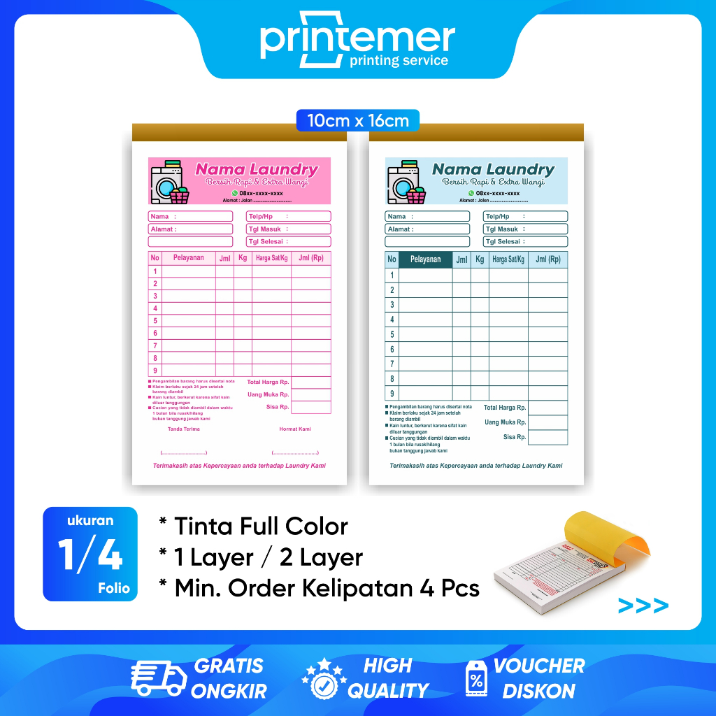 

Cetak Custom Nota Laundry Ukuran 1/4 Folio 2 Ply